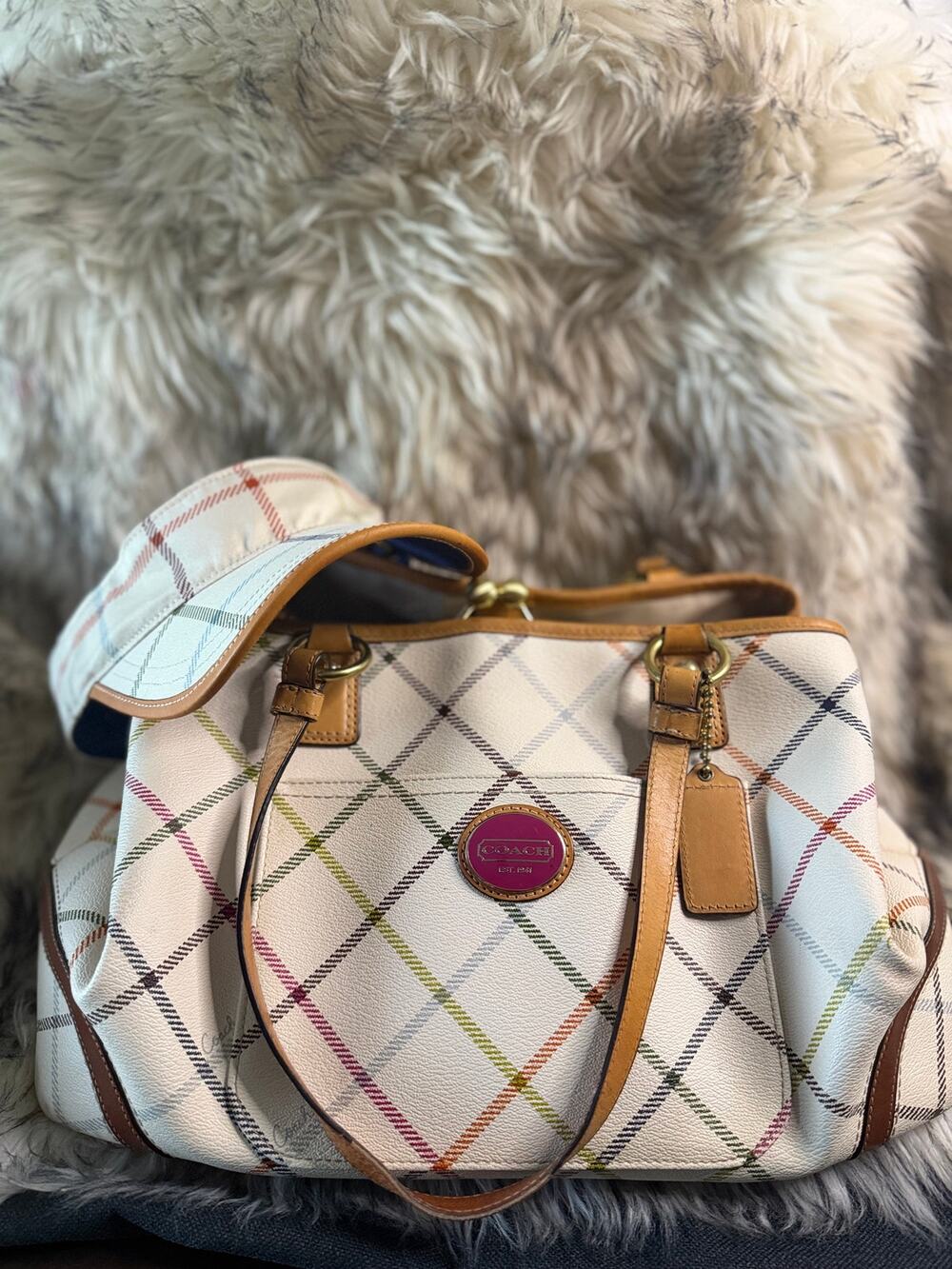 Coach Peyton Tattersall Tote F23075 + Matching Visor Plaid Multicolor Set